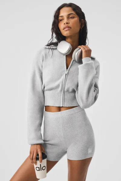Scholar Knit Cropped Full Zip Jacket -Heather Grey