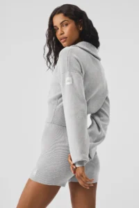 Scholar Knit Cropped Full Zip Jacket -Heather Grey - Image 2