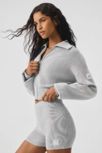 Scholar Knit Cropped Full Zip Jacket -Heather Grey - Image 3