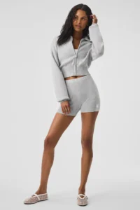 Scholar Knit Cropped Full Zip Jacket -Heather Grey - Image 4